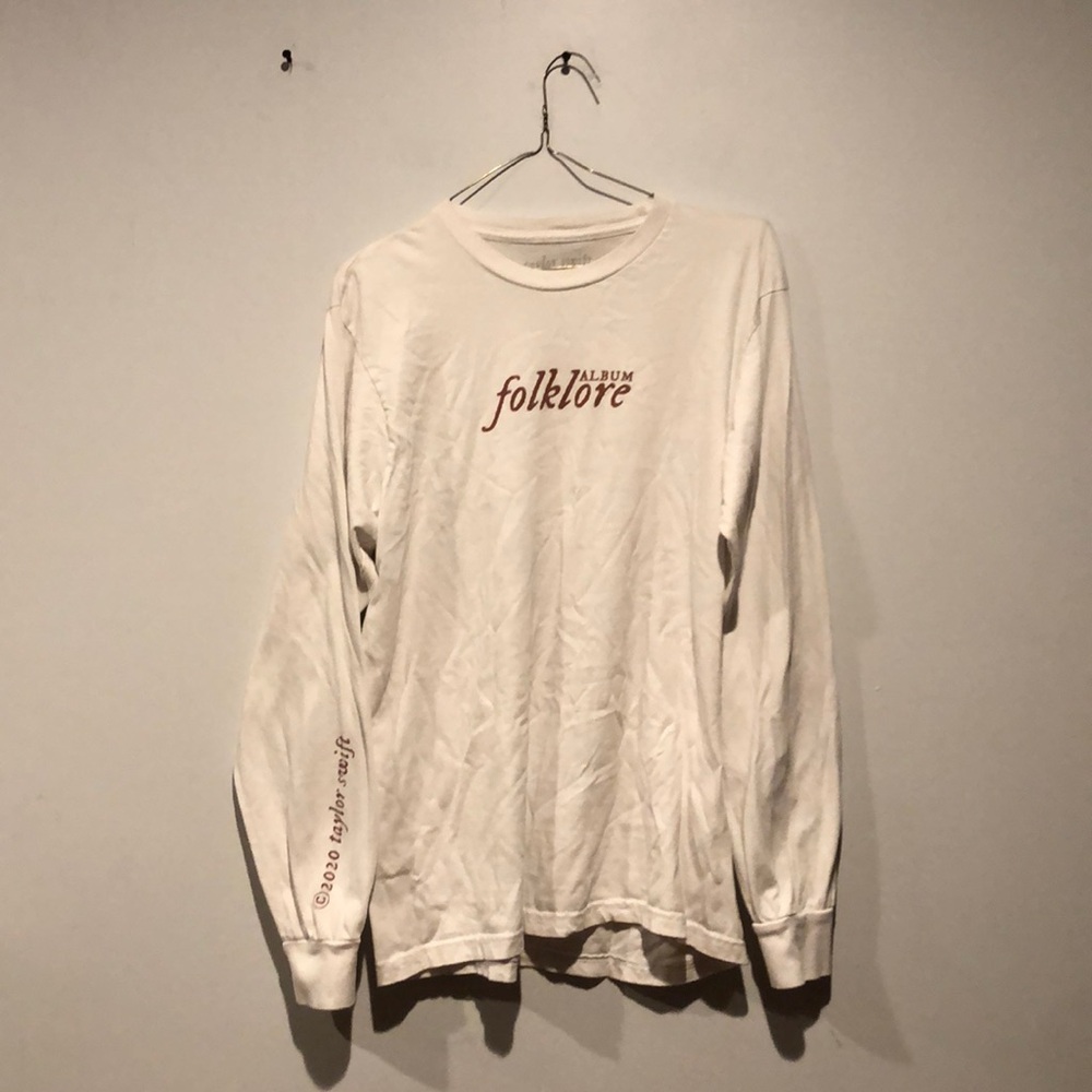 Taylor Swift Folklore Album Long Sleeve Tee - White with Rust Red Logo